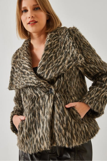 Leopardmönstrad konstpäls dubbelknäppt kappa - Image 1