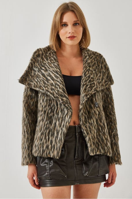 Leopardmönstrad konstpäls dubbelknäppt kappa - Image 2