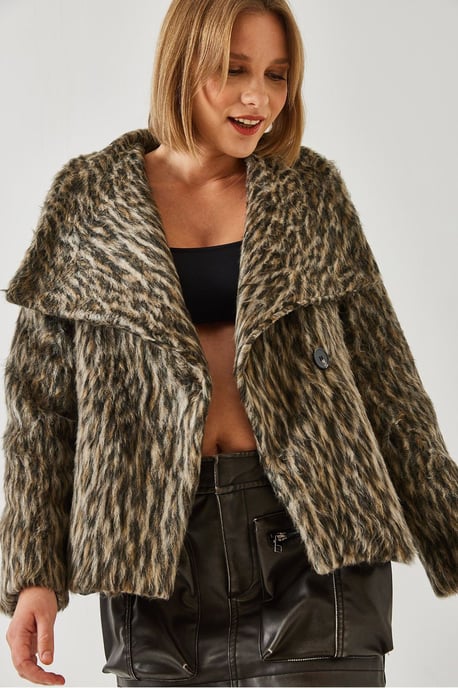 Leopardmönstrad konstpäls dubbelknäppt kappa - Image 4