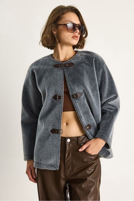 Textuur Gabardine Lange Jas met Kraagknopen - Image 2