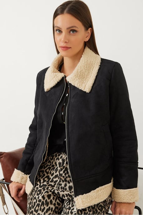 Faux Suede Zip-Up Jacka med Sherpa Detaljer - Image 1