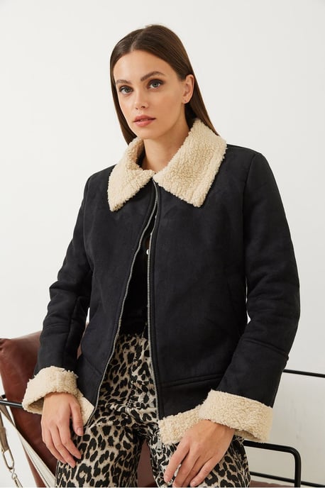 Faux Suede Zip-Up Jacka med Sherpa Detaljer - Image 2