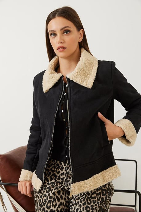 Faux Suede Zip-Up Jacka med Sherpa Detaljer - Image 3