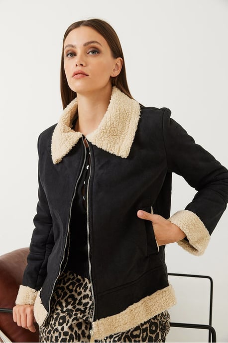 Faux Suede Zip-Up Jacka med Sherpa Detaljer - Image 4