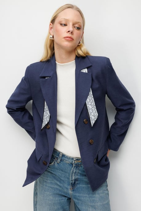 Linen Blazer Jacket with Scarf Detail - Image 3