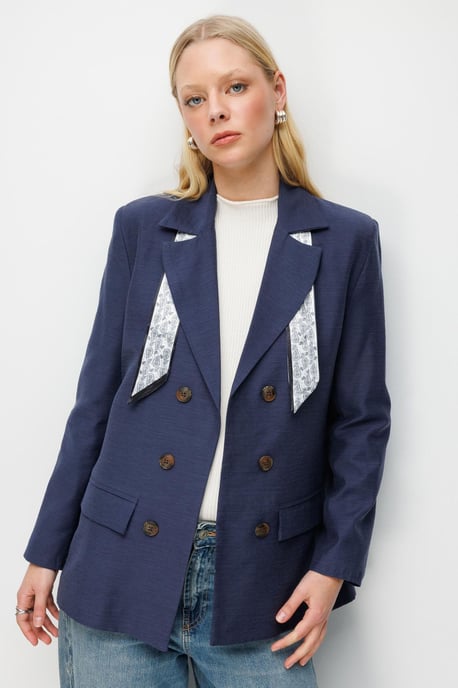 Linen Blazer Jacket with Scarf Detail - Image 4