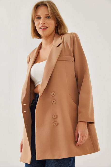 Double Breasted Long Blazer with Faux Leather Details - Image 1