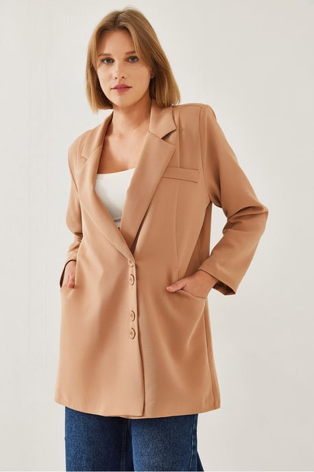 Double Breasted Long Blazer with Faux Leather Details - Image 2