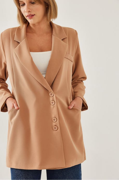 Double Breasted Long Blazer with Faux Leather Details - Image 3