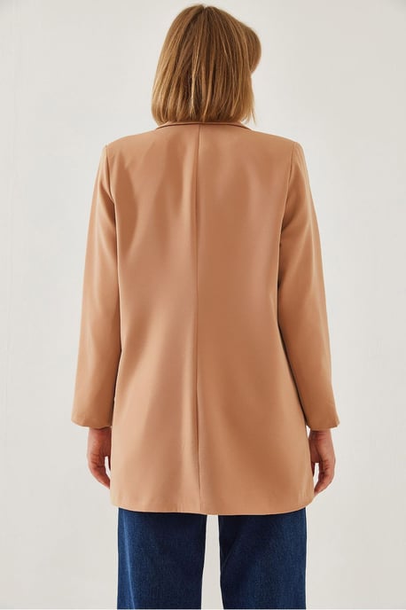 Double Breasted Long Blazer with Faux Leather Details - Image 4
