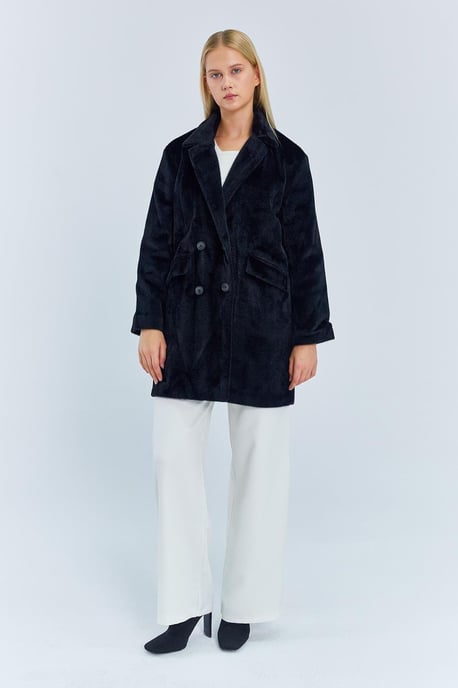 Dikke Pluche Knop Midi Jas met Col - Image 2
