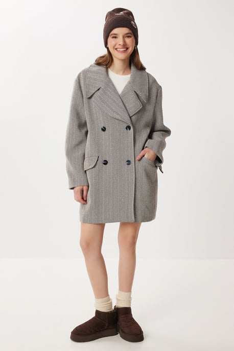 Oversized Herringbone Wool Cotton Midi Overcoat - Image 1