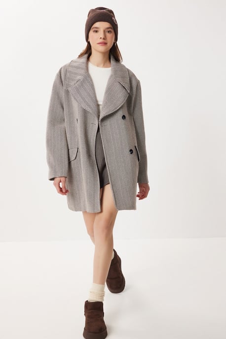 Oversized Herringbone Wool Cotton Midi Overcoat - Image 2
