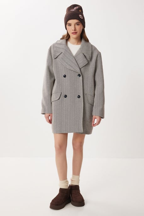 Oversized Herringbone Wool Cotton Midi Overcoat - Image 3