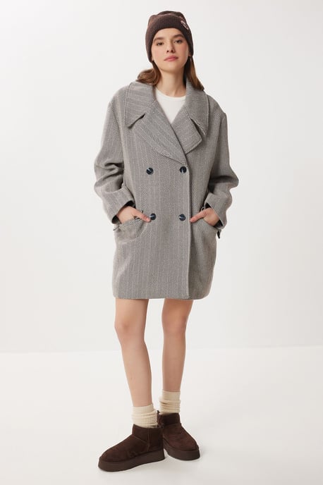 Oversized Herringbone Wool Cotton Midi Overcoat - Image 4