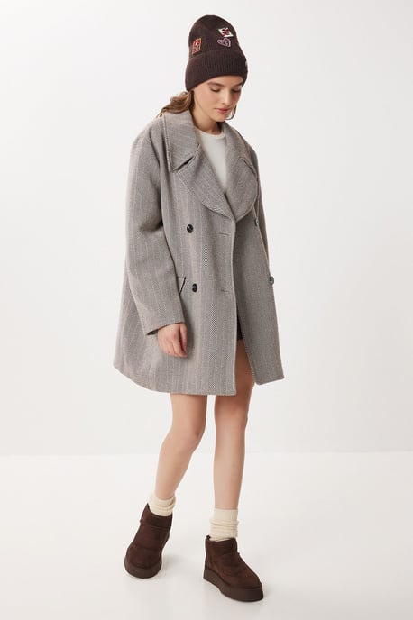 Oversized Herringbone Wool Cotton Midi Overcoat - Image 5