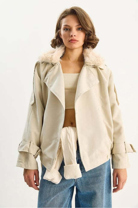 Trench Coat with Faux Fur Collar - Image 2