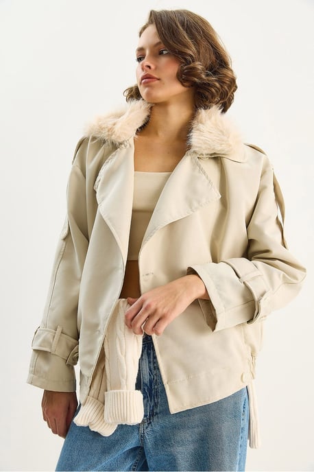 Trench Coat with Faux Fur Collar - Image 3