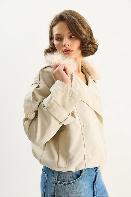 Trench Coat with Faux Fur Collar - Image 4