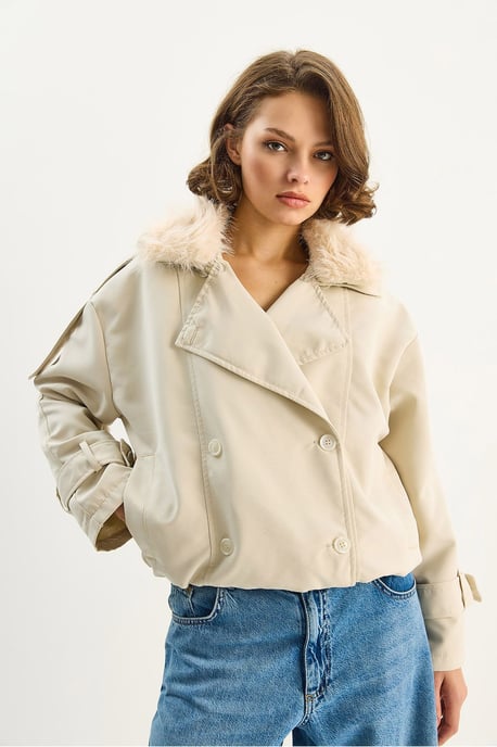 Trench Coat with Faux Fur Collar - Image 5
