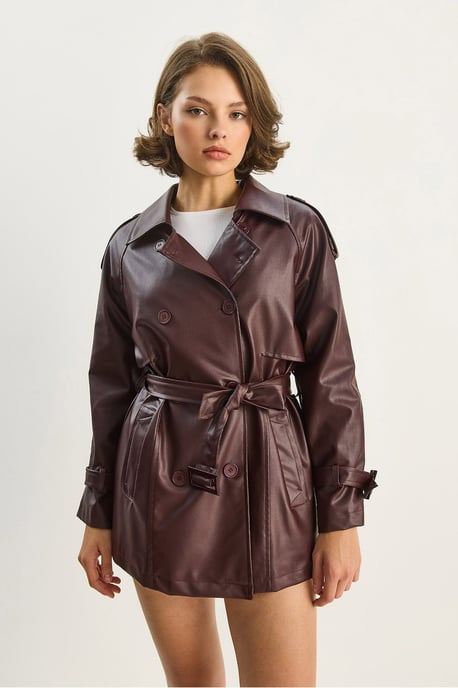 Dubbelgevoerde Faux Leren Trenchcoat - Image 3