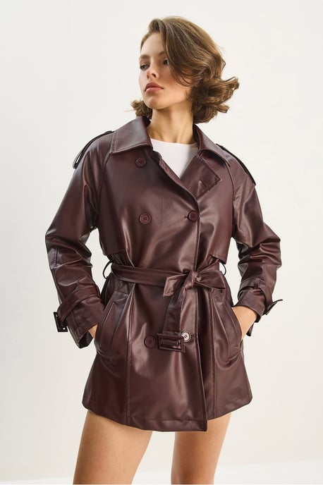 Dubbelgevoerde Faux Leren Trenchcoat - Image 4