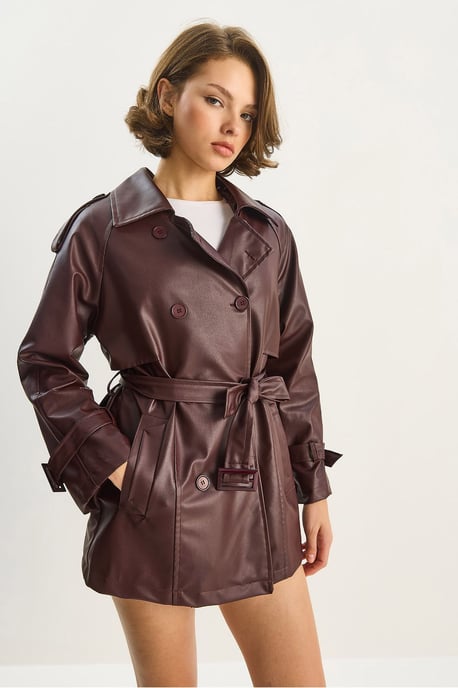 Dubbelgevoerde Faux Leren Trenchcoat - Image 5