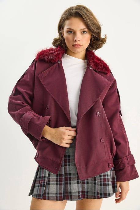 Trench Coat with Faux Fur Collar - Image 2