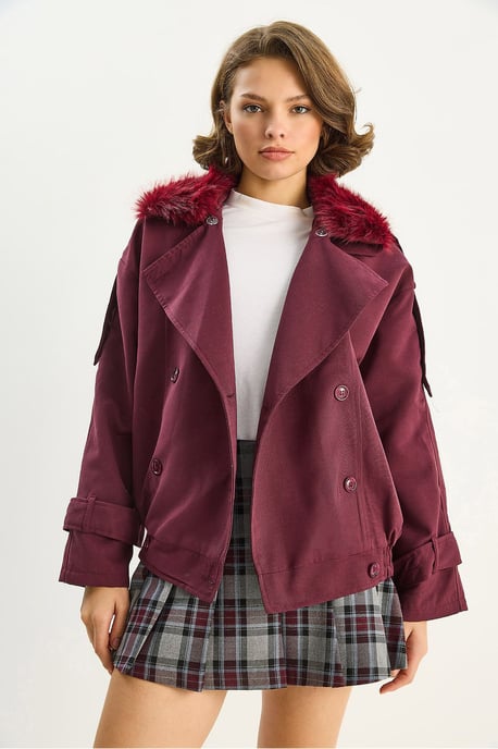 Trench Coat with Faux Fur Collar - Image 3