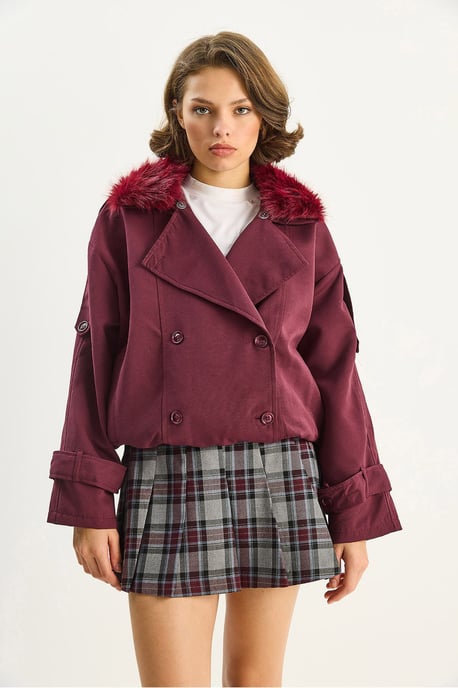 Trench Coat with Faux Fur Collar - Image 4