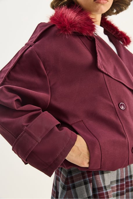 Trench Coat with Faux Fur Collar - Image 5