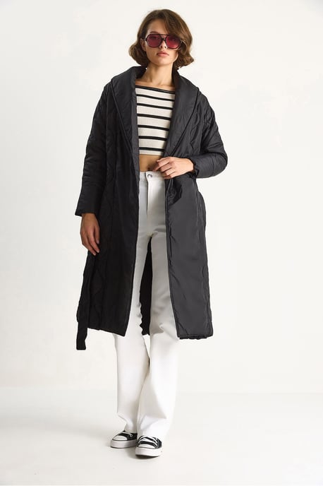 Textured Sjaalkraag Midi Puffer Jack met Striksluiting - Image 3
