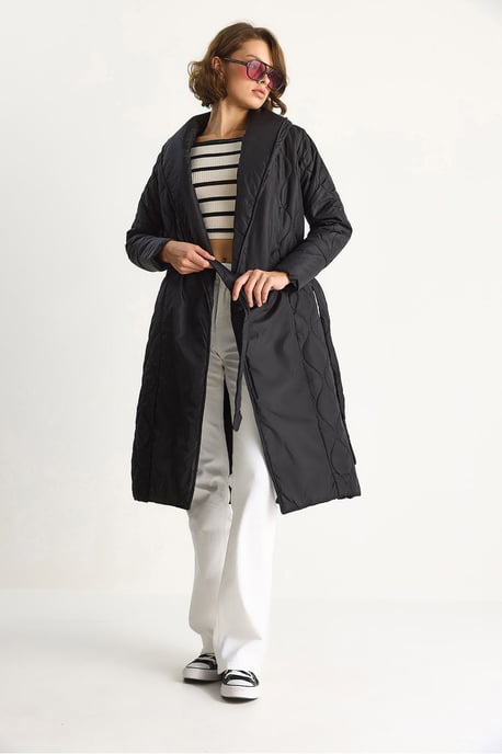 Textured Sjaalkraag Midi Puffer Jack met Striksluiting - Image 4