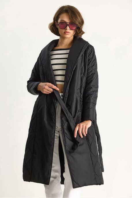Textured Sjaalkraag Midi Puffer Jack met Striksluiting - Image 5