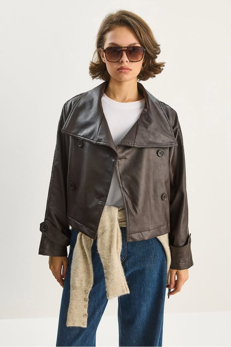Oversized Faux Leren Jacket met Knopen Sluiting - Image 2