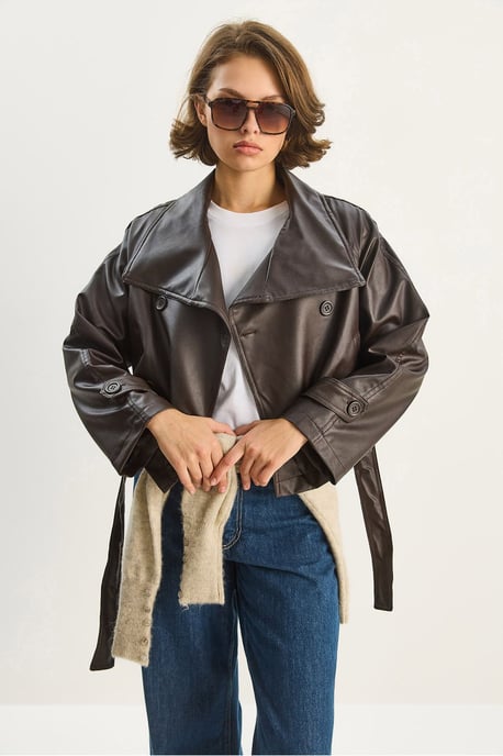 Oversized Faux Leren Jacket met Knopen Sluiting - Image 3