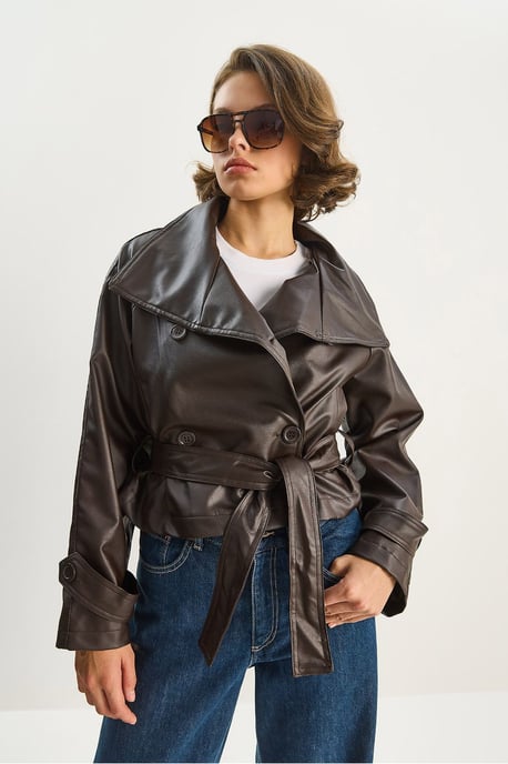 Oversized Faux Leren Jacket met Knopen Sluiting - Image 6
