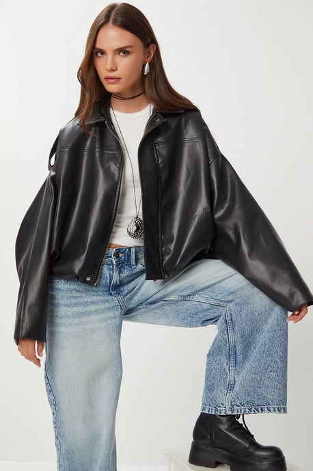 Faux leren bikerjack met ritssluiting - Image 3