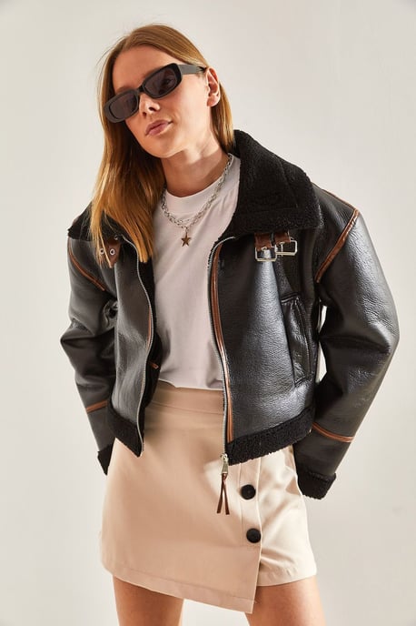Faux Leather Boxy Crop Jacket with Shawl Collar - Image 2