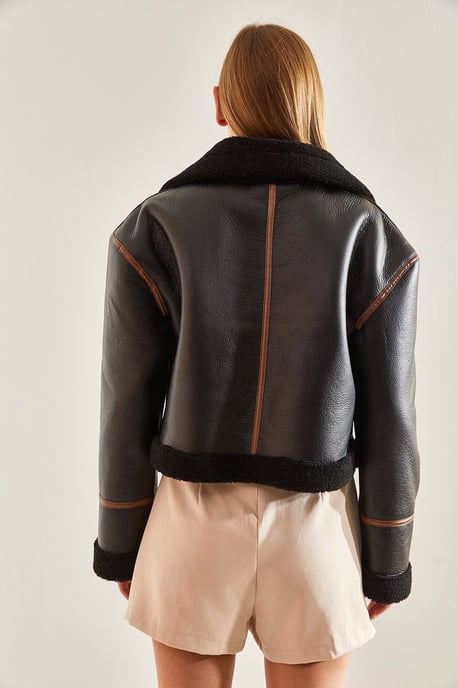 Faux Leather Boxy Crop Jacket with Shawl Collar - Image 3