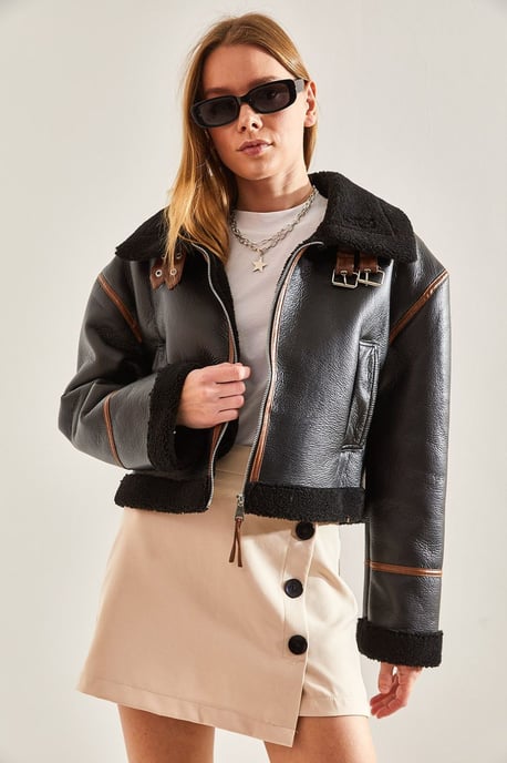 Faux Leather Boxy Crop Jacket with Shawl Collar - Image 4