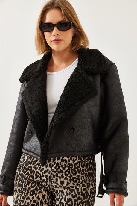 Faux leren cropped jasje met sjaalkraag - Image 2