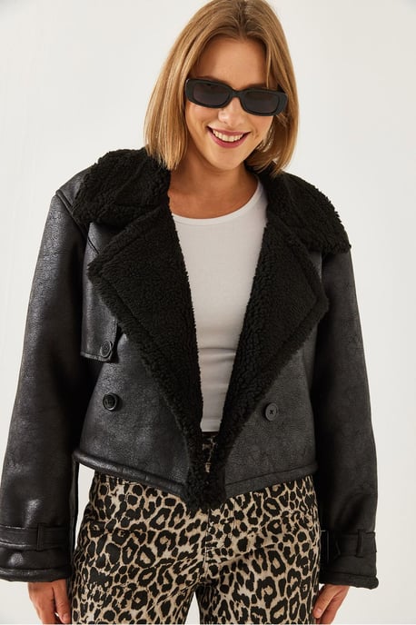 Faux leren cropped jasje met sjaalkraag - Image 3