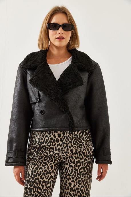 Faux leren cropped jasje met sjaalkraag - Image 4