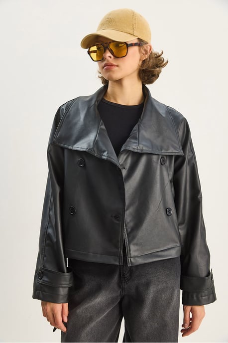 Oversized Faux Leren Jacket met Knopen Sluiting - Image 2