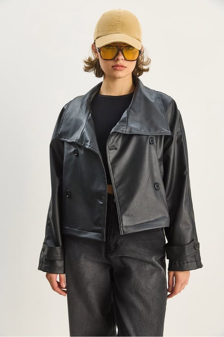 Oversized Faux Leren Jacket met Knopen Sluiting - Image 3