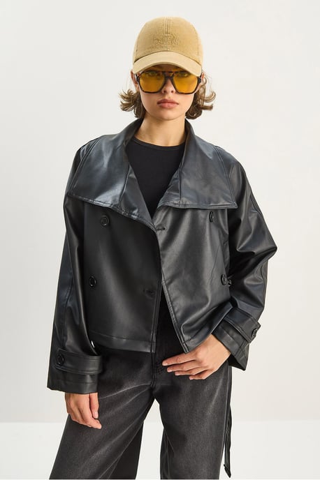 Oversized Faux Leren Jacket met Knopen Sluiting - Image 4