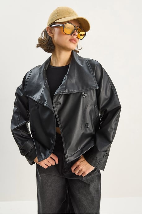Oversized Faux Leren Jacket met Knopen Sluiting - Image 5