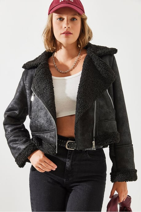 Faux leather kort jacka med sjalkrage - Image 1