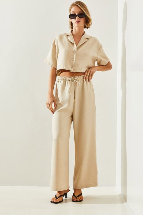 Geknoopte Cropped Shirt en Wijde Broek Co-ord Set - Image 3